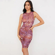 Load image into Gallery viewer, Fashion Swirl Print Mesh See Through Midi Dress - purple / L