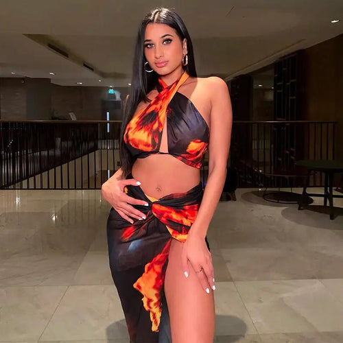 Flame Print Backless Split Dress