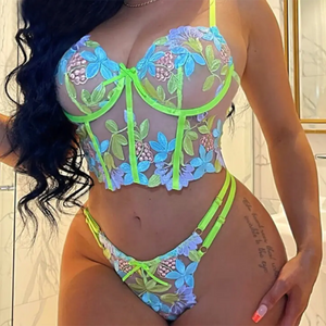 Floral Embroidered See Through Push Up Bra & Panty Set