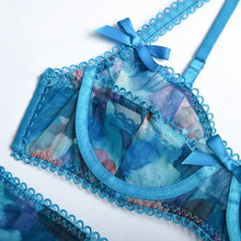 Load image into Gallery viewer, Floral Embroidery Blue Lace Lingerie Set