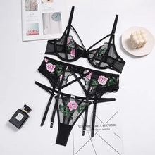 Load image into Gallery viewer, Floral Embroidery Lace 3 Piece Lingerie Set - black set / L