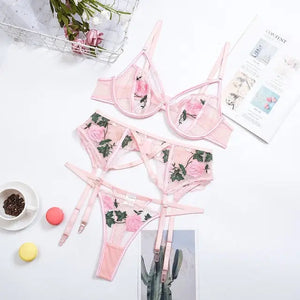 Floral Embroidery Lace 3 Piece Lingerie Set - pink set / S