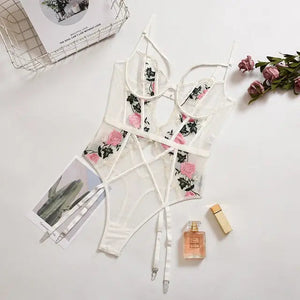 Floral Embroidery Lace 3 Piece Lingerie Set - white bodysuit