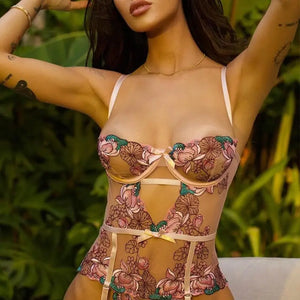 Floral Embroidery Lace Spaghetti Strap Bodysuit