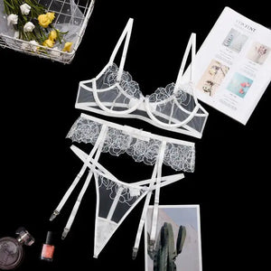 Floral Lace White Transparent Bra and T-back Thong Set