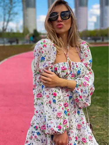 Floral Lantern Square Neck Mini Dress