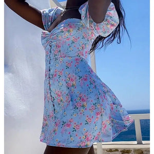 Floral Ruched Summer Puff Sleeve Dress