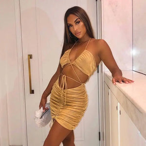 Glitter Drawstring Ruched Halter Mini Dress