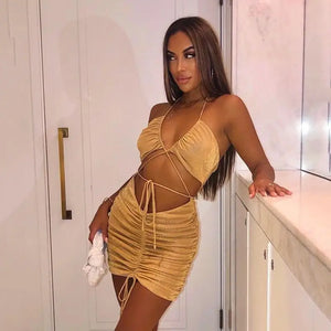 Glitter Drawstring Ruched Halter Mini Dress