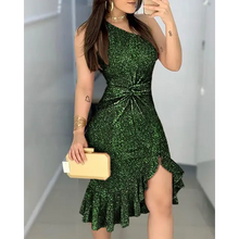 Load image into Gallery viewer, Glitter One Shoulder Twisted Ruffled Dress - green / S