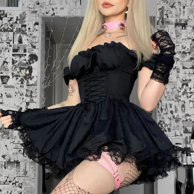 Gothic Lolita Aesthetic Puff Sleeve Mini Dress - Black / S
