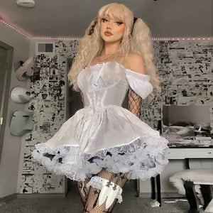 Gothic Lolita Aesthetic Puff Sleeve Mini Dress - White / S