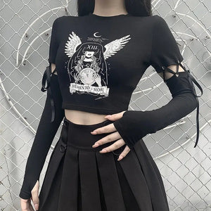 Gothic Punk Patchwork Long Sleeve Slim T-shirts - Black / S