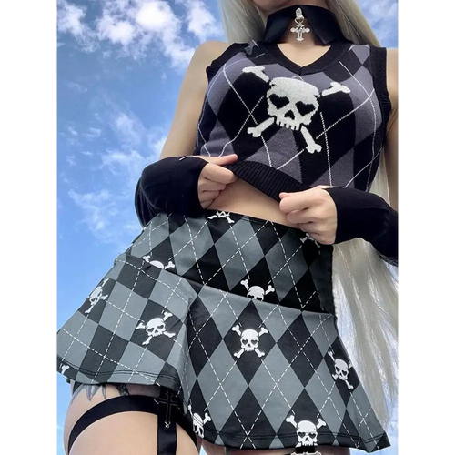 Gothic Skull Emo Print Grey Skirt