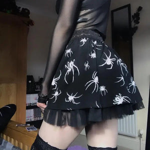Gothic Spider Print Grunge High Waist Skirt - Black / L