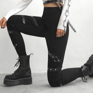 Grunge Rivet Belt Patchwork Pants - Black / L