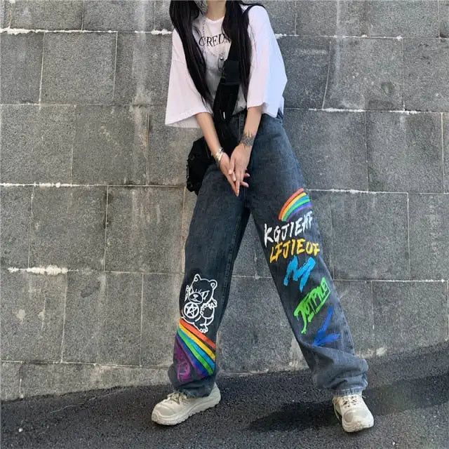 Harajuku High Waist Loose Rainbow Cartoon Print Pants -