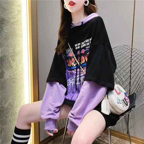 Harajuku Patchwork Long Sleeve Oversized Hoodie