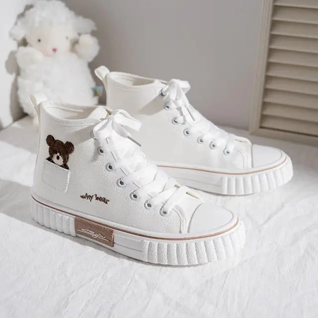 High-top Canvas Animal Print Embroidery Sneaker - white / 39