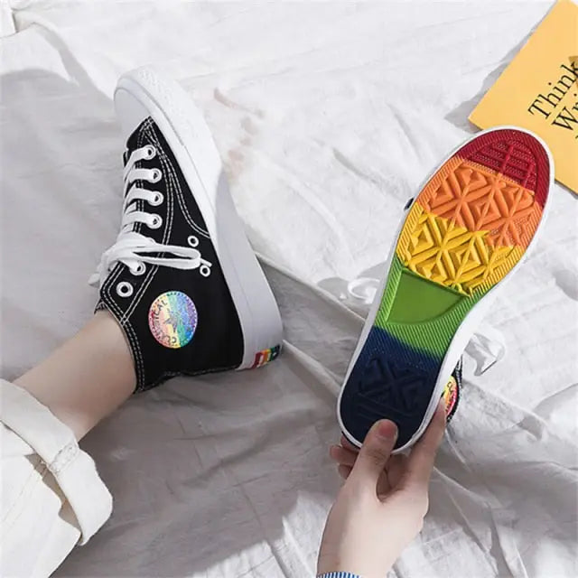 High Top Canvas Laced Up Rainbow Tennis Sneakers - black /