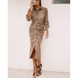 High Slit Button Front Long Sleeve Shirt Dress - Brown / S