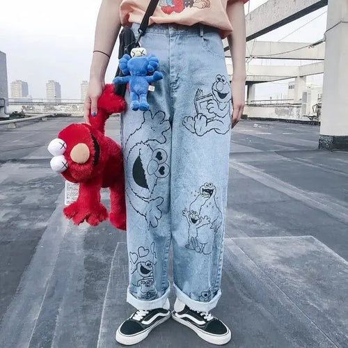 High Waist Cartoon Print Japanese Baggy Pants