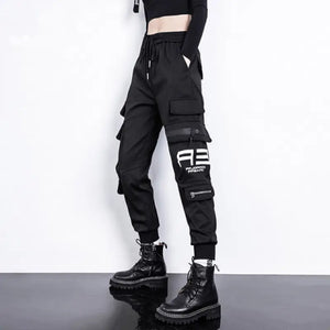 High Waist Drawstring Loose Cargo Pants - black / XXXL