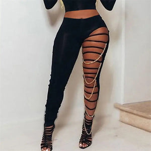 High Waist Ripped Slim Trousers With Gold Chain