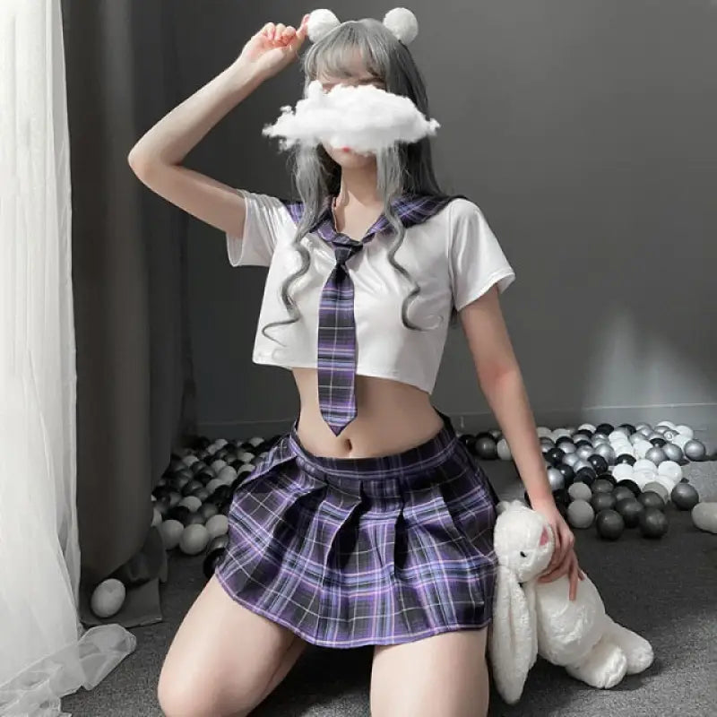 Japanese Plaid Uniform Role Play Costume - Purple / One Size