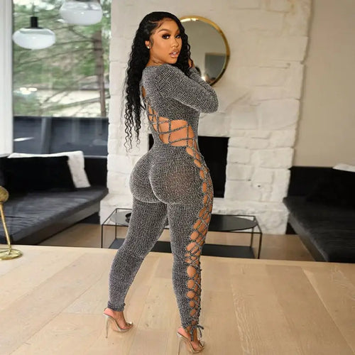 Knitted Long Sleeve Hollow Bandage Jumpsuit