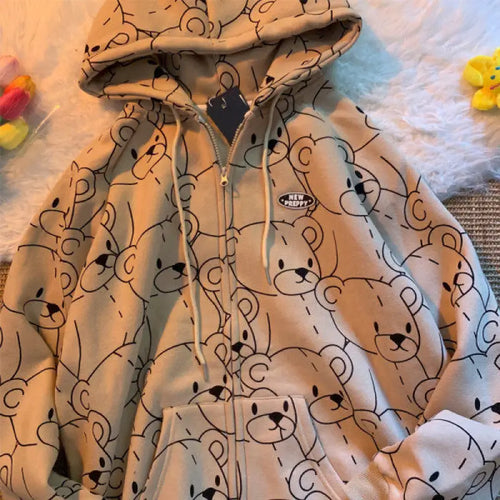 Korean Style Bear Print Oversized Hoodie - Apparel &