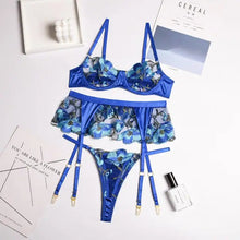 Load image into Gallery viewer, Lace Embroidery Bra &amp; Panty 3-Piece Lingerie Set - Blue / L