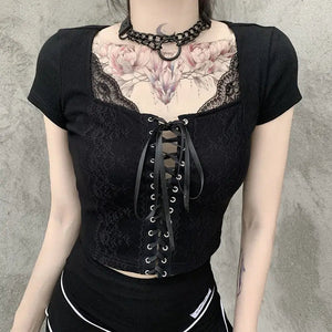 Lace Gothic Hollow Out Bandage Short Sleeve Crop Tops Women