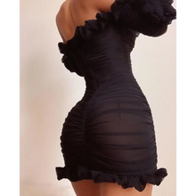 Load image into Gallery viewer, Lace-Up Off Shoulder Ruffles Ruched Dress