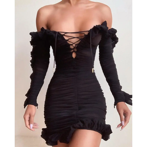 Lace-Up Off Shoulder Ruffles Ruched Dress