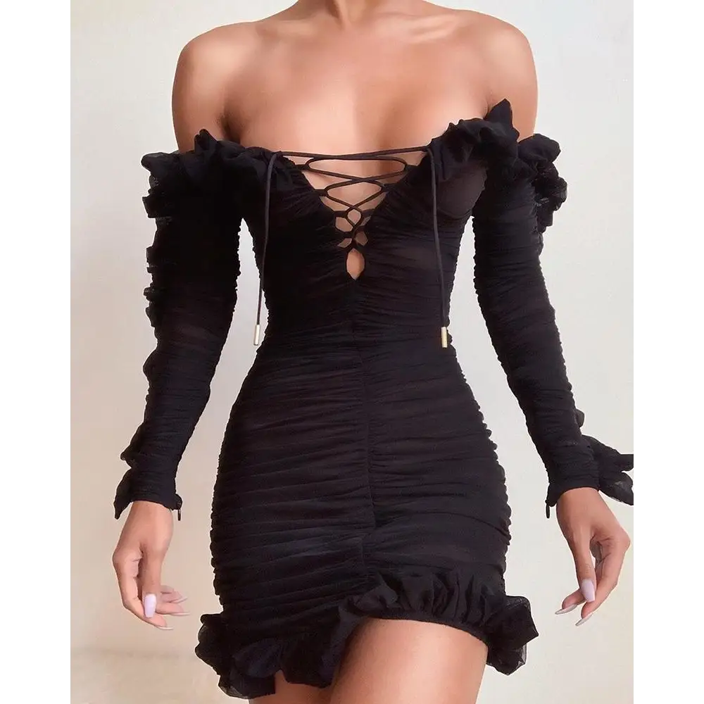 Lace-Up Off Shoulder Ruffles Ruched Dress
