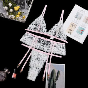 Lace White Transparent Floral Bra & Panty Lingerie Set -
