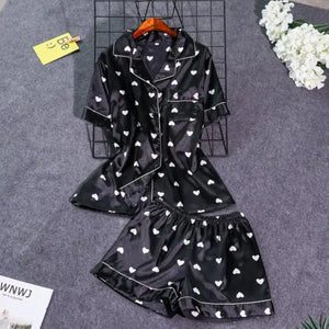 Ladies Satin Pajamas Sleepwear Set - Black - short / M