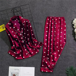 Ladies Satin Pajamas Sleepwear Set - Dark Red - Long B / 5XL