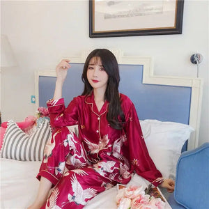 Ladies Satin Pajamas Sleepwear Set - Dark Red - Long C / L