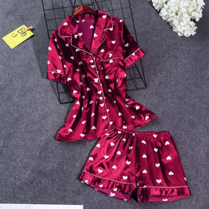 Ladies Satin Pajamas Sleepwear Set - Dark Red - short / L