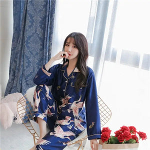 Ladies Satin Pajamas Sleepwear Set - Navy Blue - Long C / XL