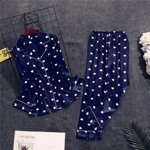 Ladies Satin Pajamas Sleepwear Set - Navy Blue - Long B / XL