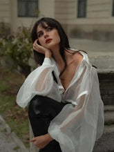 Load image into Gallery viewer, Lantern Sleeve Lapel Mesh Sheer Shirt