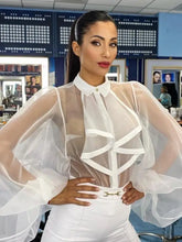 Load image into Gallery viewer, Lantern Sleeve Lapel Mesh Sheer Shirt