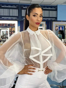 Lantern Sleeve Lapel Mesh Sheer Shirt