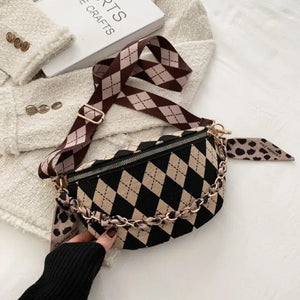 Lattice Chest Crossbody Shoulder Chain Purse - Coffee