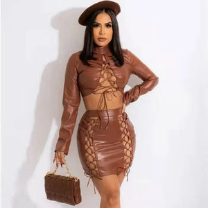 PU Leather Lace Up Crop Top and Mini Skirt - Brown / S