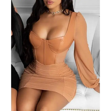 Load image into Gallery viewer, PU Leather Sheer Mesh Sleeve Ruched Bodycon Mini Dress -
