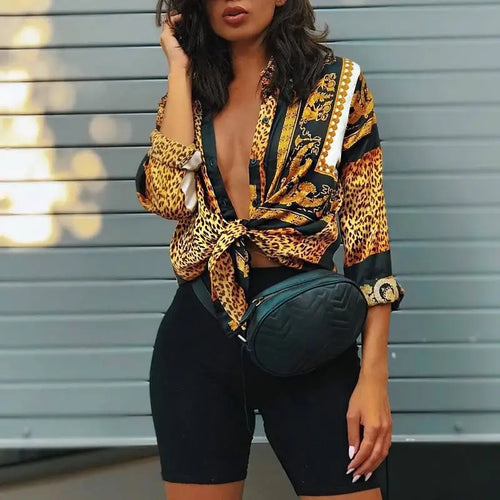 Leopard Print Knot Front Long Sleeve Blouse